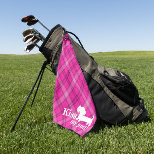 Kiss My Putt Funny Pink Plaid Dachshund Golf Towel