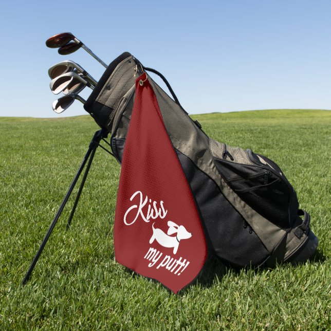 Kiss My Putt Red Wiener Dog Cheeky Golf Towel (Green)