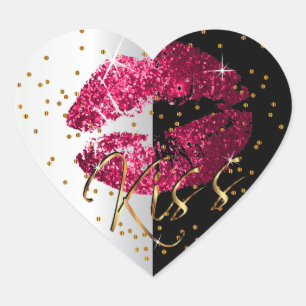 Kiss Pink and Gold Glitter Lips Heart Sticker
