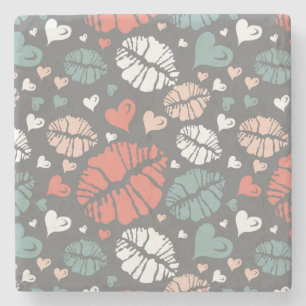 Kiss Print And Heart Pattern Stone Coaster