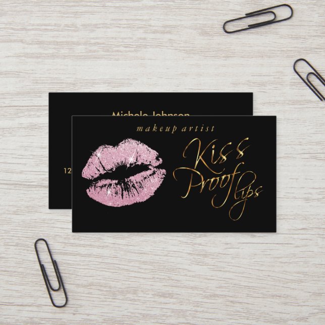 Kiss Proof Lips -  Pink Glitter and  Gold Business Card (Front/Back In Situ)