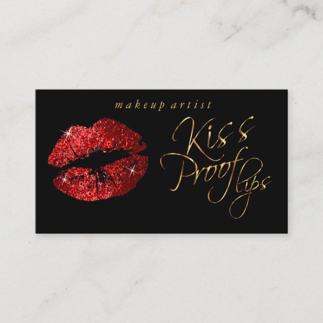Kiss Proof Lips - Red Glitter and Elegant Gold Business Card (Front)