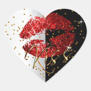 Kiss Red and Gold Glitter Lips Heart Sticker