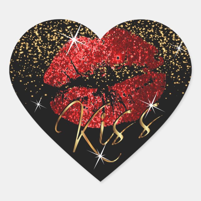 Kiss Red and Gold Glitter Lips Heart Sticker (Front)