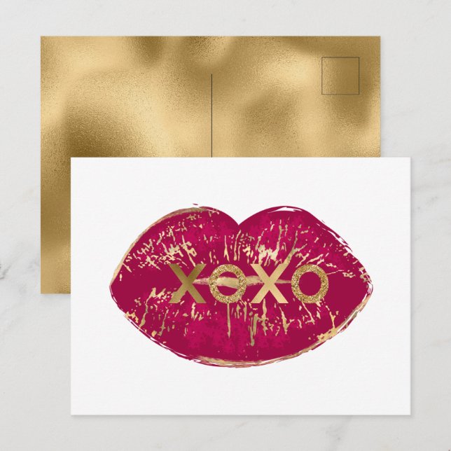 Kiss Red Lips Gold Glitter XOXO Postcard (Front/Back)