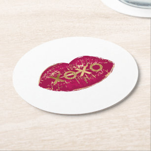 Kiss Red Lips Gold Glitter XOXO Round Paper Coaster