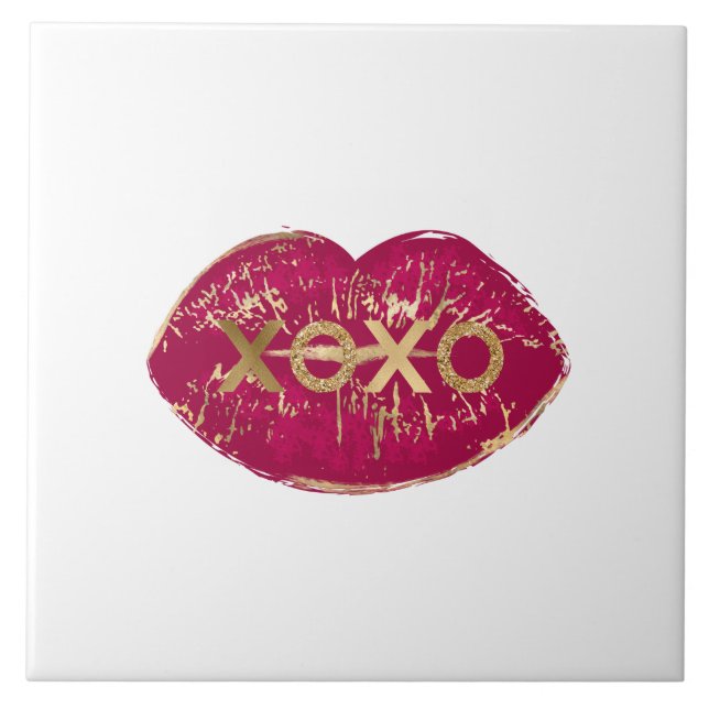 Kiss Red Lips Gold Glitter XOXO Tile (Front)