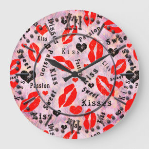 Kiss, red lips. large clock