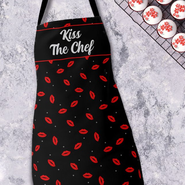 Kiss the Chef Red Lip Print Lipstick Black Apron (Best kisses are found in the kitchen. A useful Valentine's Day gift for your boyfriend or girlfriend)