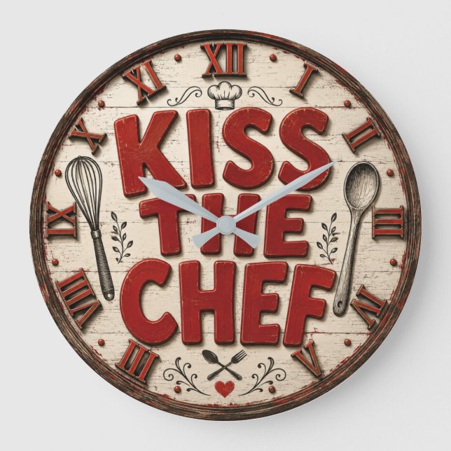 Kiss the Chef Rustic Farmhouse Kitchen Large Clock (Front)