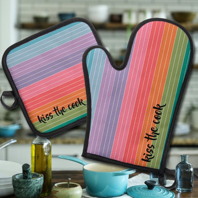 Kiss the Cook Bright Cheerful Colourful Stripes  Oven Mitt & Pot Holder Set (Brighten up your kitchen with this colorful striped "Kiss the Cook" pot holder set)