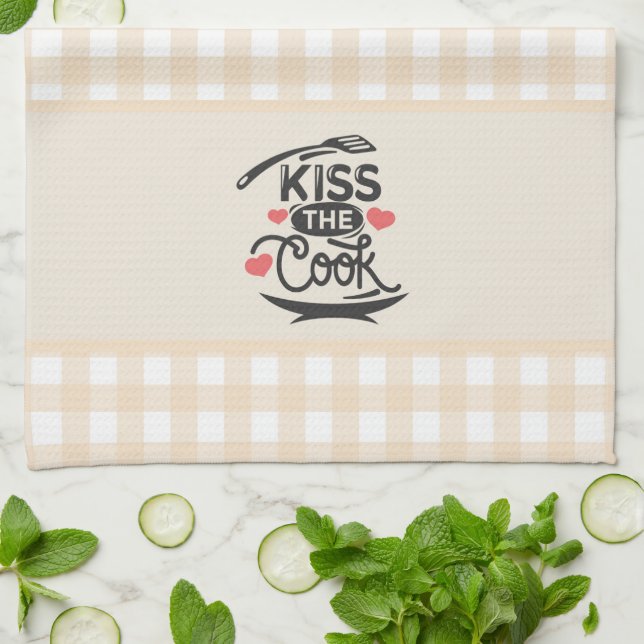 Kiss the Cook, Cream Gingham Plaid Tea Towel (Folded)