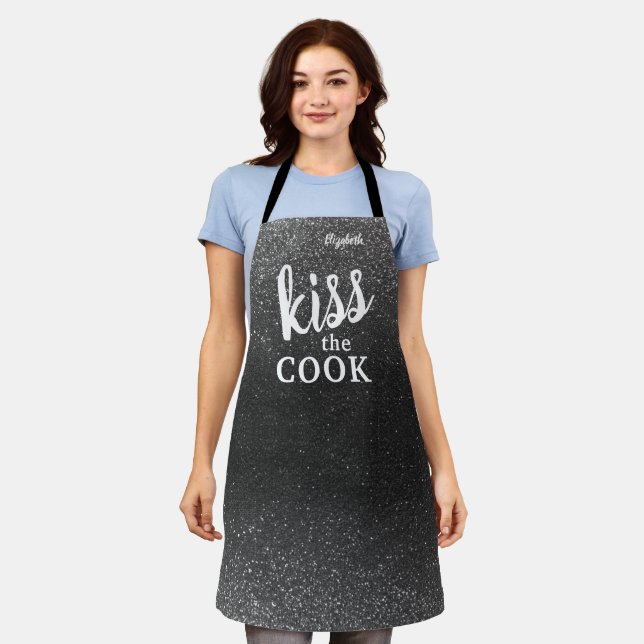 Kiss The Cook Food Chef Kitchen BBQ Baker Glitter Apron (Worn)