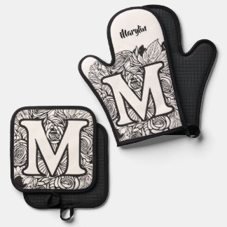 Kiss The Cook Food Chef Kitchen BBQ Baker Monogram Oven Mitt & Pot Holder Set