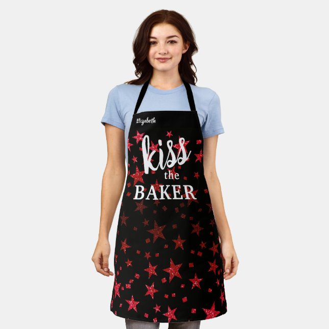 Kiss The Cook Food Chef Kitchen Star Baker Glitter Apron (Worn)