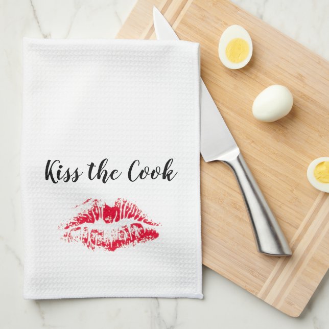 Kiss the Cook Funny Quote White Red Valentines Day Tea Towel (Quarter Fold)