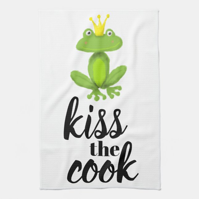Kiss the Cook Green Frog Prince Crown Funny Tea Towel (Vertical)