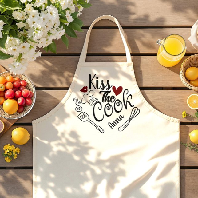 kiss the cook personalised apron (kiss the cook aprons father grilling bbq cooking chef dad gifts ideas funny quote lips heart kitchen)