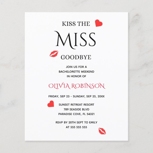 Kiss the Miss Goodbye Bachelorette Weekend Invite  (Front)