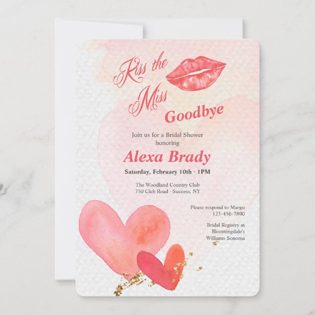 Kiss the Miss Goodbye Bridal Shower Invitation (Front)