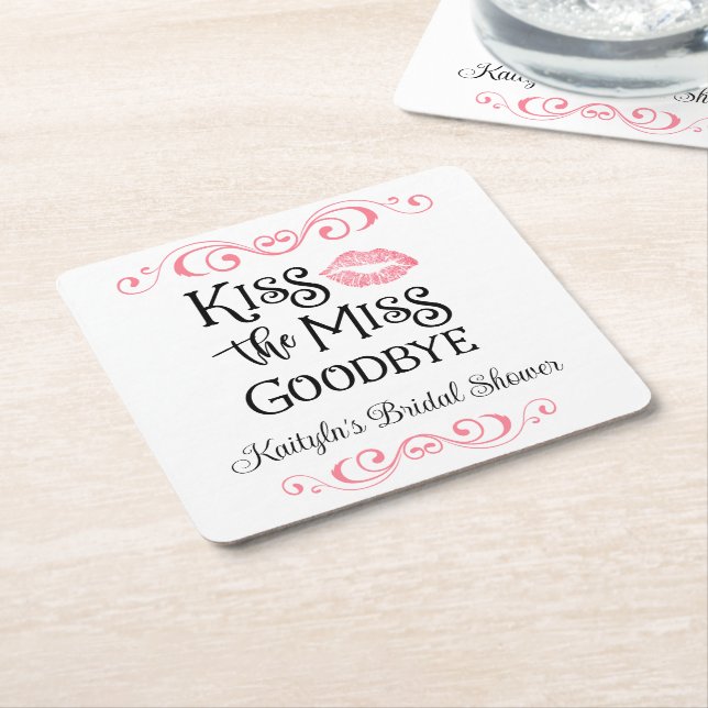 Kiss The Miss Goodbye Bridal Shower Square Paper Coaster (Angled)