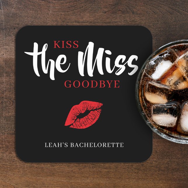 Kiss the Miss Goodbye Red Lip Bachelorette Party Square Paper Coaster (Creator Uploaded)