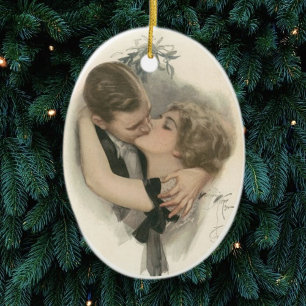 Kiss under the mistletoe ceramic tree decoration