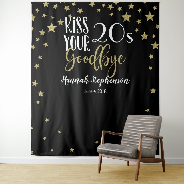 kiss your 20's goodbye photo prop virtual party tapestry (In Situ)