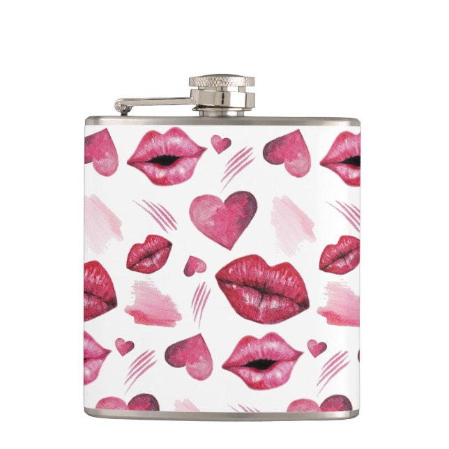 Kisses And Hearts Pattern Watercolor Hip Flask (Front)