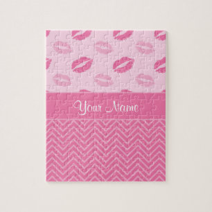 Kisses and Zig Zags Pink and White Jigsaw Puzzle