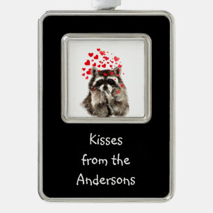 Kisses from Custom Name Fun Racoon Animal art Silver Plated Framed Ornament