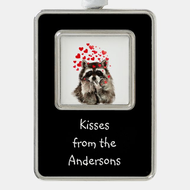 Kisses from Custom Name Fun Racoon Animal art Silver Plated Framed Ornament (Front)