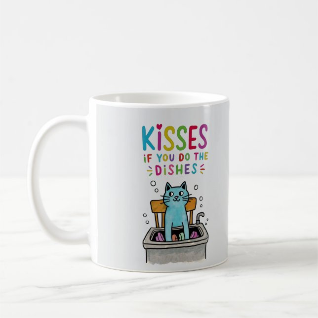 Kisses if you do the dishes cute cat washing up coffee mug (Left)