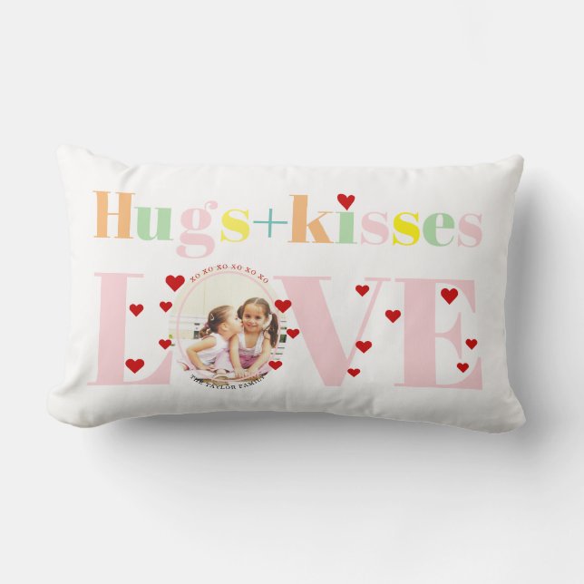 Kisses, love, hugs typography photo Valentines Day Lumbar Cushion (Front)