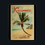 Kissimmee Palm Tree Vintage Travel Magnet<br><div class="desc">A uniquely retro mid-century modern Kissimmee Florida art print in vintage travel poster style. It features a curved palm tree on sandy beach with ocean under a blue cloudy sky.</div>