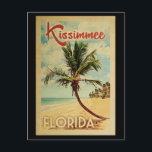 Kissimmee Palm Tree Vintage Travel Postcard<br><div class="desc">A uniquely retro mid-century modern Kissimmee Florida art print in vintage travel poster style. It features a curved palm tree on sandy beach with ocean under a blue cloudy sky.</div>