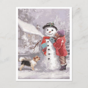 Kissing A Winter Christmas Snowman Holiday Postcard