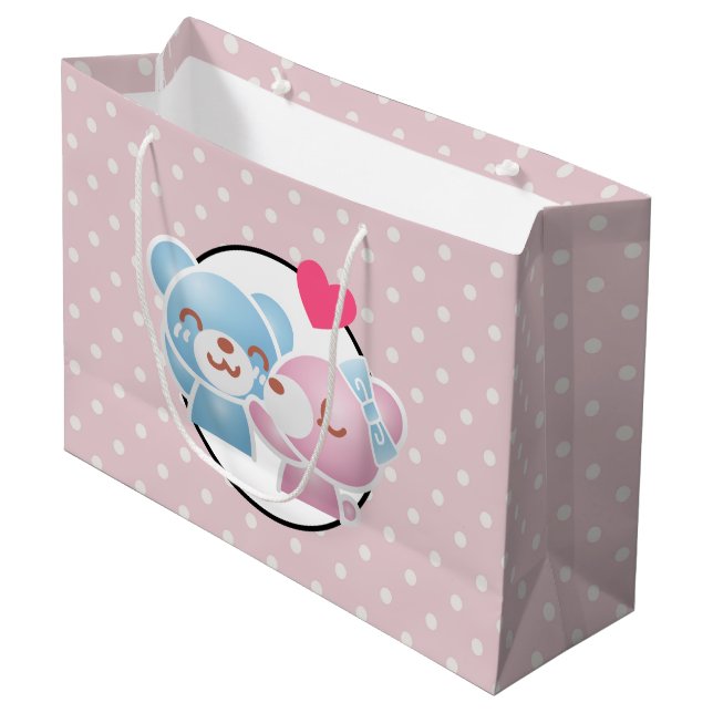 KIssing Bears on Polka Dots Cute and Kawaii Large Gift Bag (Front Angled)
