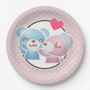 KIssing Bears on Polka Dots Cute and Kawaii Paper Plate