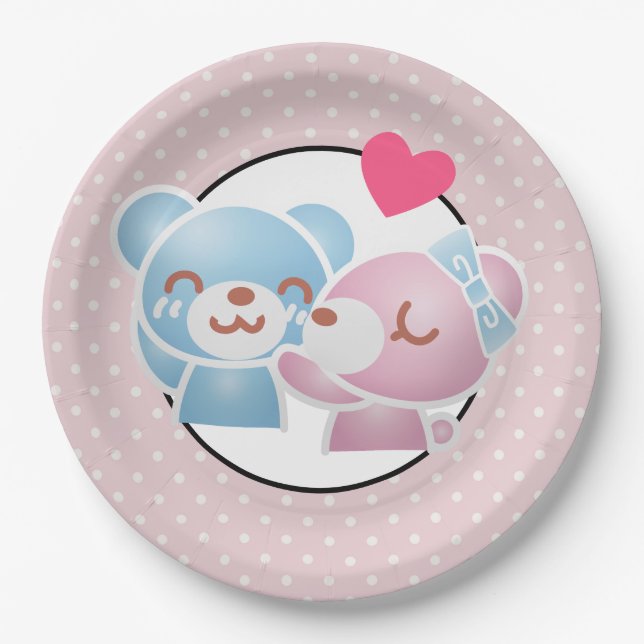 KIssing Bears on Polka Dots Cute and Kawaii Paper Plate (Front)