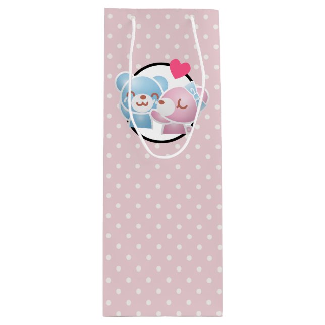 KIssing Bears on Polka Dots Cute and Kawaii Wine Gift Bag (Front)