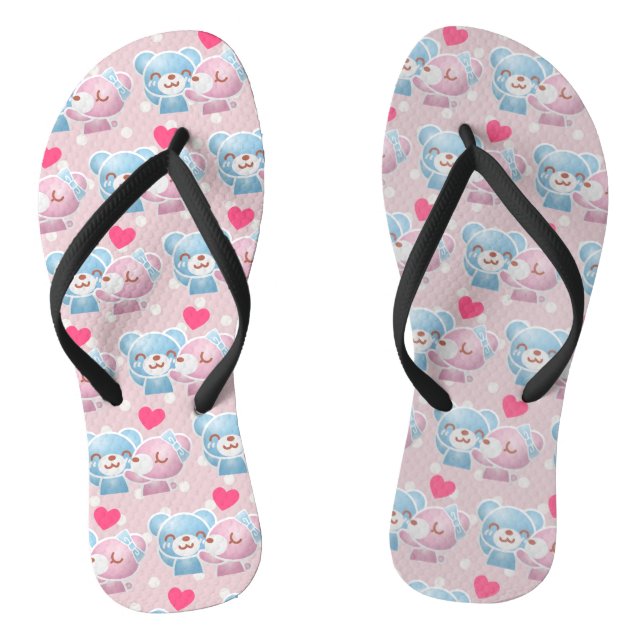 KIssing Bears on Polka Dots Pattern Cute Flip Flops (Footbed)