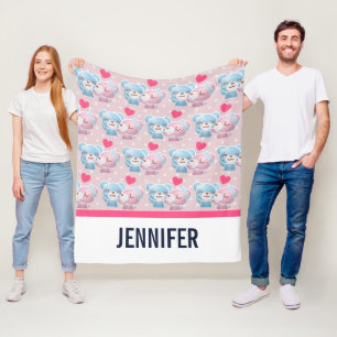 Kissing Bears Pattern on Polka Dots Fleece Blanket