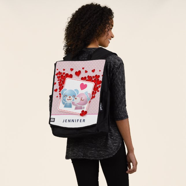 Kissing Bears with Hearts on a Polka Dot Pattern Backpack (Worn)