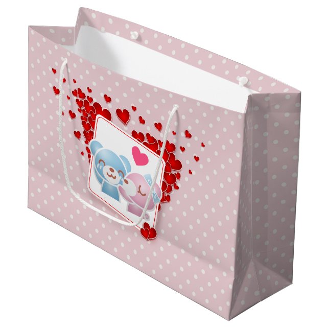 Kissing Bears with Hearts on a Polka Dot Pattern Large Gift Bag (Front Angled)