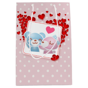 Kissing Bears with Hearts on a Polka Dot Pattern Medium Gift Bag