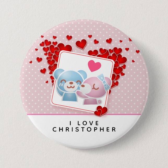 Kissing bears with Red Love Hearts All Around 7.5 Cm Round Badge (Front)
