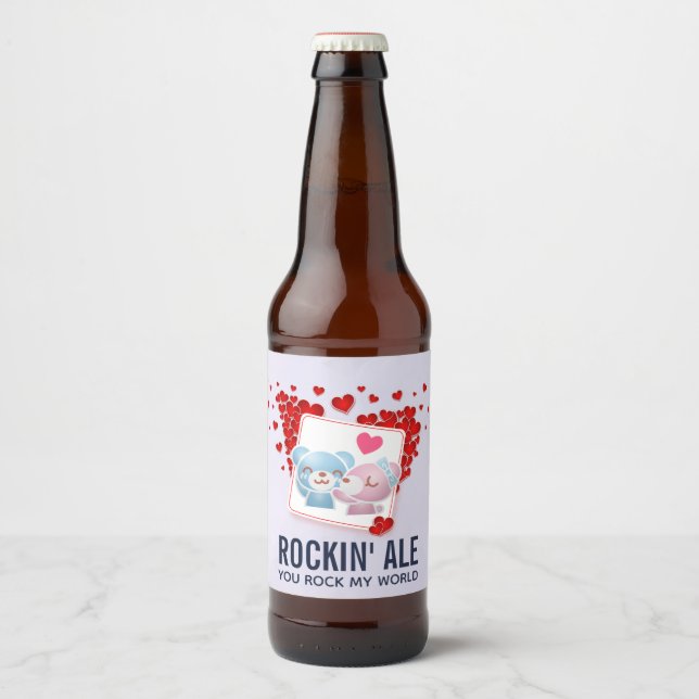 Kissing bears with Red Love Hearts All Around Beer Bottle Label (Front)
