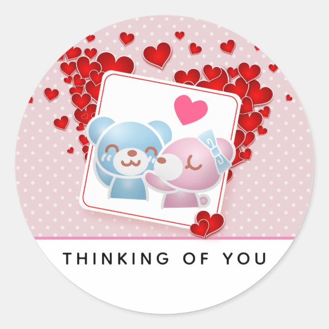 Kissing bears with Red Love Hearts All Around Classic Round Sticker (Front)