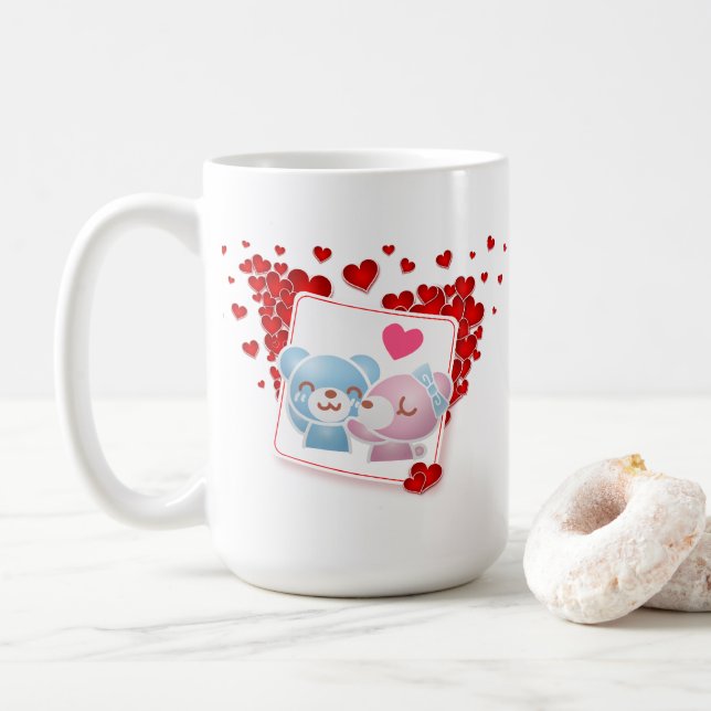 Kissing bears with Red Love Hearts All Around Coffee Mug (With Donut)